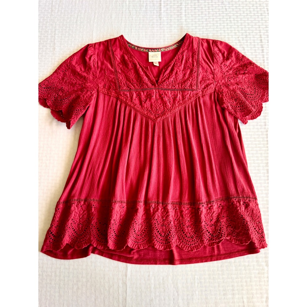 Knox Rose Boho Embroidered Eyelet Lace Peasant Blouse Red XL